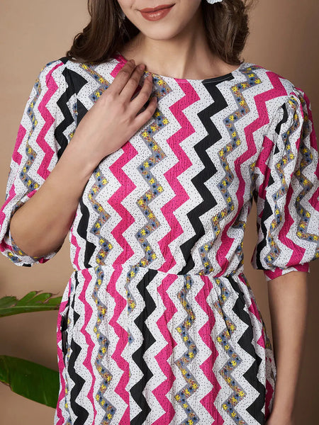 Pink Zigzag Stripes Puff Sleeve Printed Fit & Flare Midi Dress with Round Neck, Short Sleeves, Gathered Details, and Flared Hemline