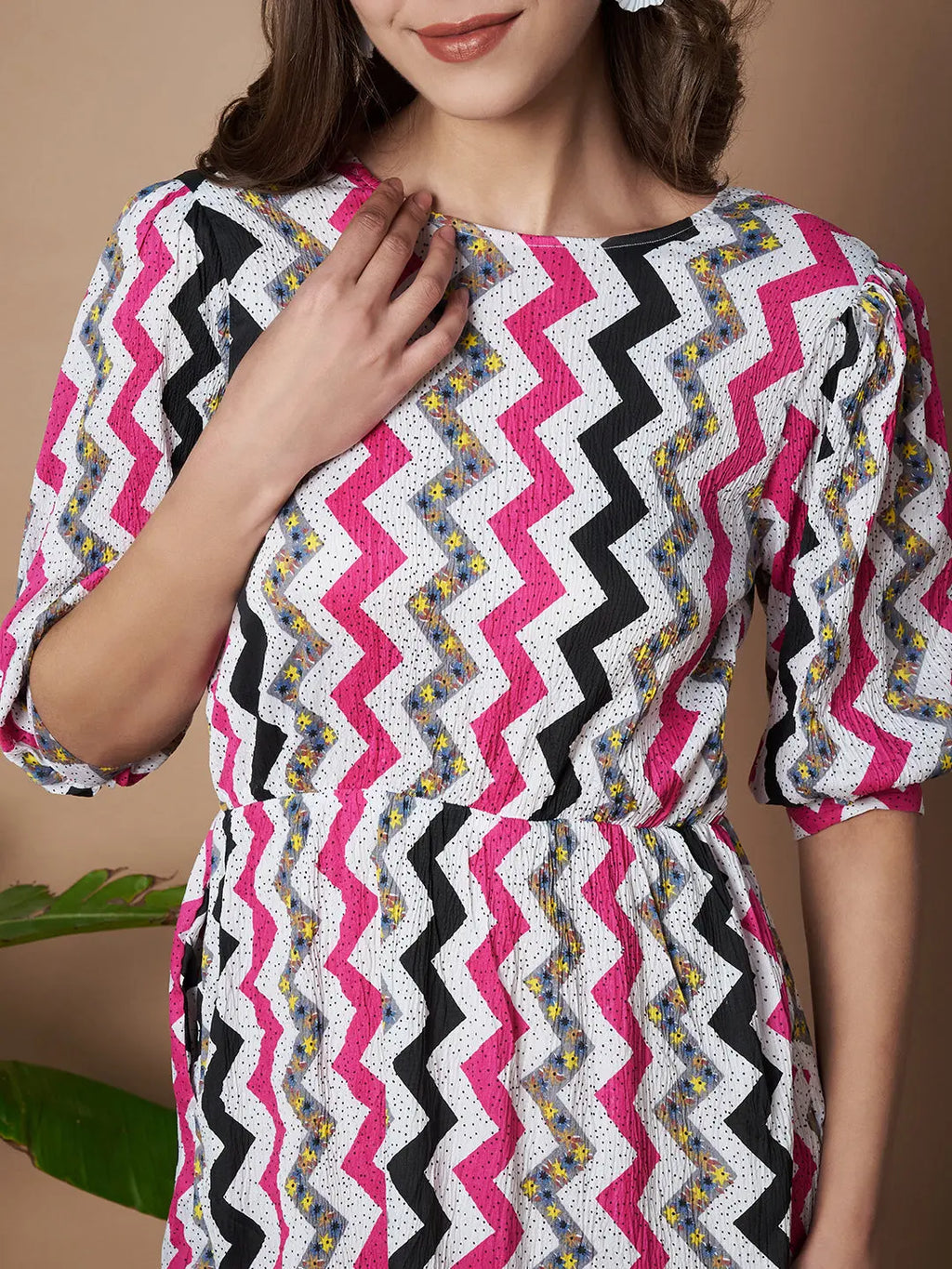 Pink Zigzag Stripes Puff Sleeve Printed Fit & Flare Midi Dress with Round Neck, Short Sleeves, Gathered Details, and Flared Hemline