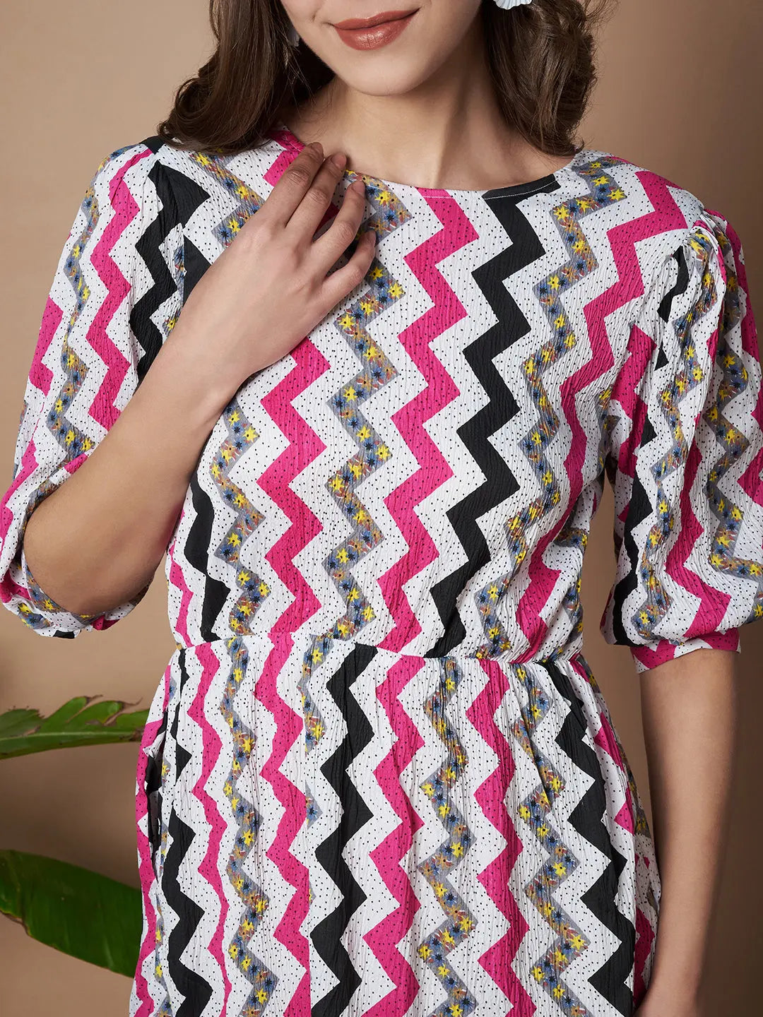 Pink Zigzag Stripes Puff Sleeve Printed Fit & Flare Midi Dress with Round Neck, Short Sleeves, Gathered Details, and Flared Hemline