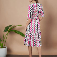 Pink Zigzag Stripes Puff Sleeve Printed Fit & Flare Midi Dress with Round Neck, Short Sleeves, Gathered Details, and Flared Hemline