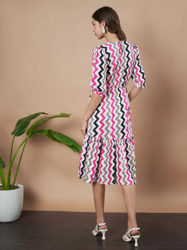 Pink Zigzag Stripes Puff Sleeve Printed Fit & Flare Midi Dress with Round Neck, Short Sleeves, Gathered Details, and Flared Hemline