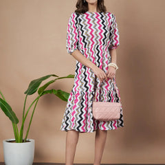 Pink Zigzag Stripes Puff Sleeve Printed Fit & Flare Midi Dress with Round Neck, Short Sleeves, Gathered Details, and Flared Hemline