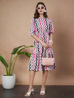 Pink Zigzag Stripes Puff Sleeve Printed Fit & Flare Midi Dress with Round Neck, Short Sleeves, Gathered Details, and Flared Hemline