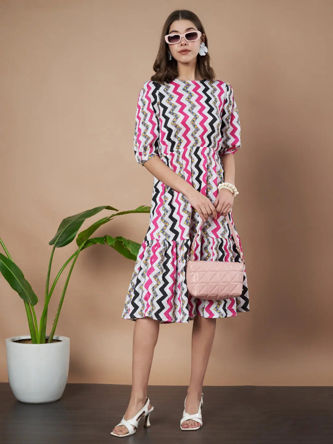 Pink Zigzag Stripes Puff Sleeve Printed Fit & Flare Midi Dress with Round Neck, Short Sleeves, Gathered Details, and Flared Hemline