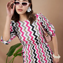 Pink Zigzag Stripes Puff Sleeve Printed Fit & Flare Midi Dress with Round Neck, Short Sleeves, Gathered Details, and Flared Hemline