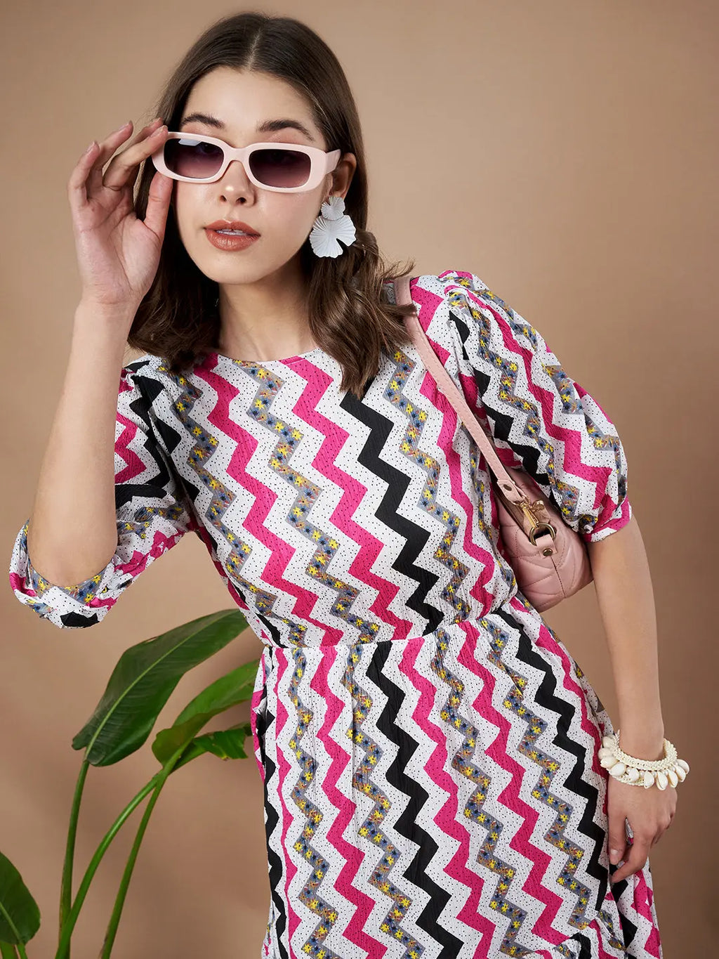 Pink Zigzag Stripes Puff Sleeve Printed Fit & Flare Midi Dress with Round Neck, Short Sleeves, Gathered Details, and Flared Hemline