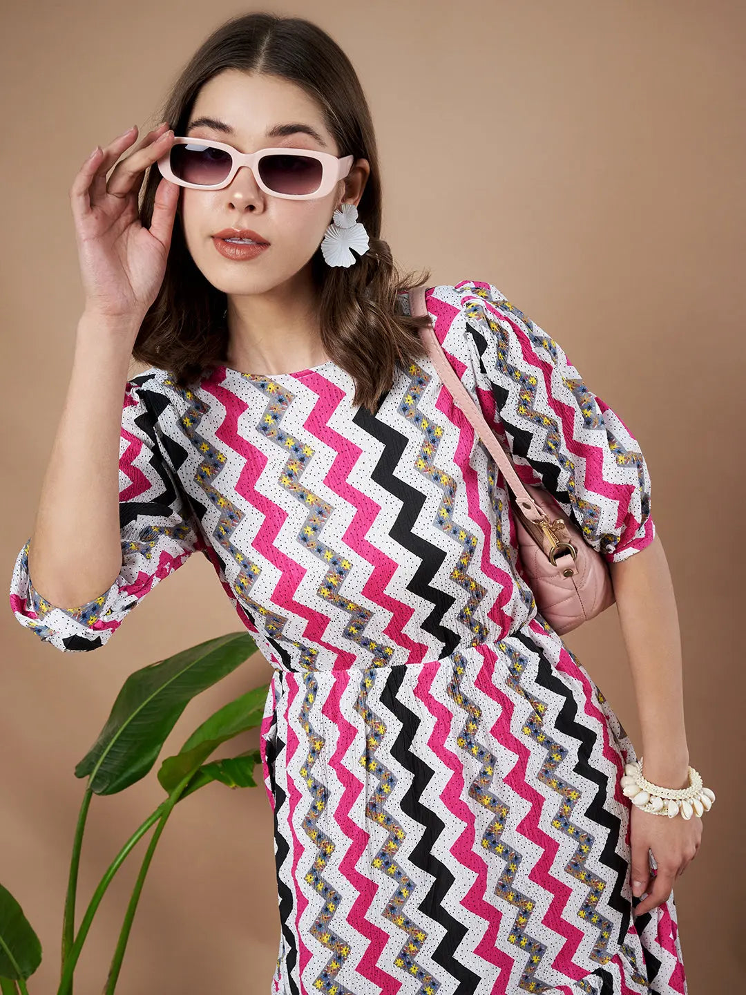 Pink Zigzag Stripes Puff Sleeve Printed Fit & Flare Midi Dress with Round Neck, Short Sleeves, Gathered Details, and Flared Hemline
