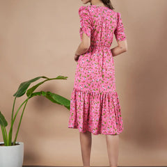 Pink Exquisite Floral Printed Pleated Fit and Flare Dress - Adjustable Waistline, Knee-Length, 3/4 Sleeves, Square Neck, A-Line