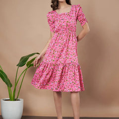 Pink Exquisite Floral Printed Pleated Fit and Flare Dress - Adjustable Waistline, Knee-Length, 3/4 Sleeves, Square Neck, A-Line