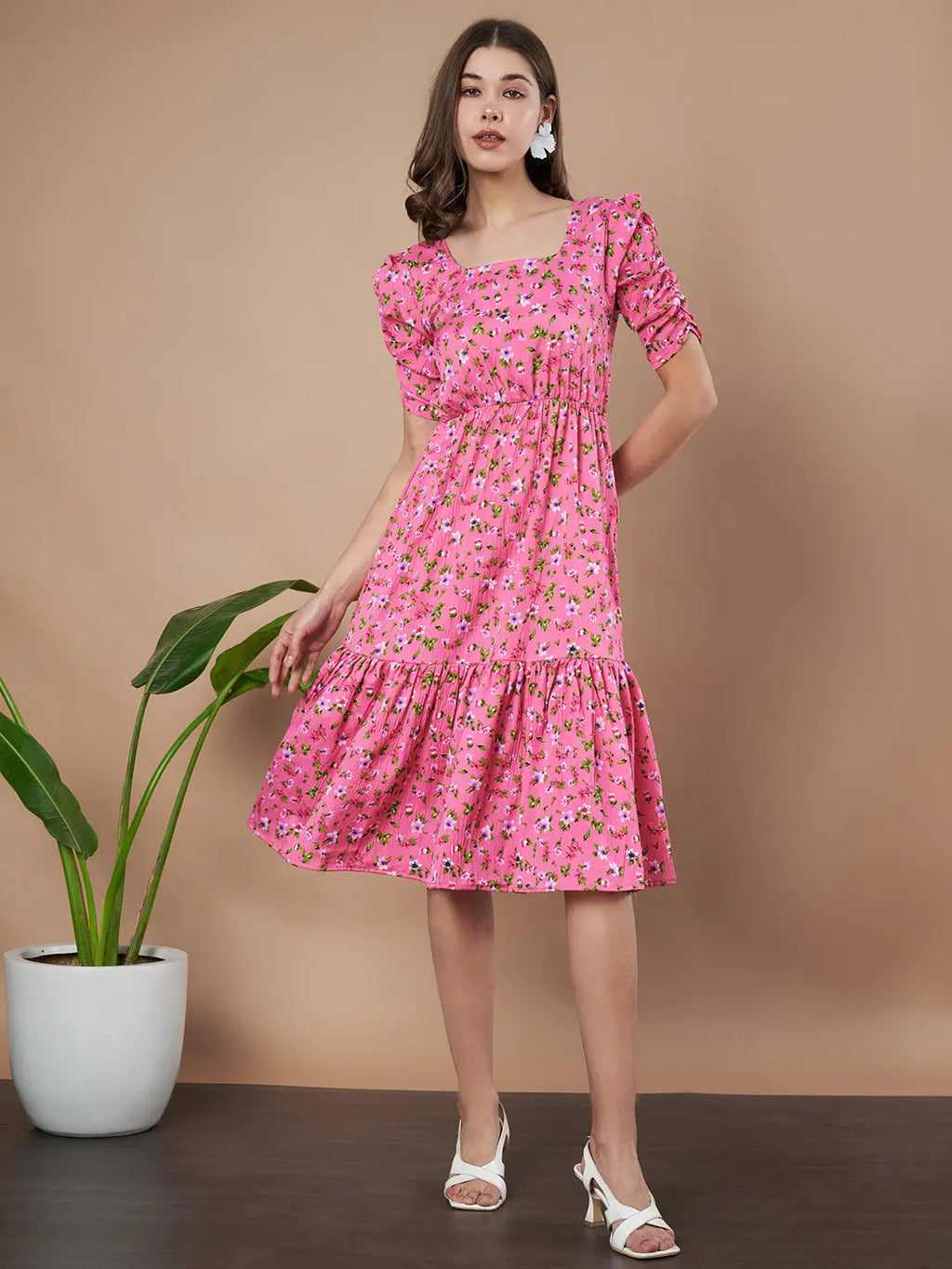 Pink Exquisite Floral Printed Pleated Fit and Flare Dress - Adjustable Waistline, Knee-Length, 3/4 Sleeves, Square Neck, A-Line