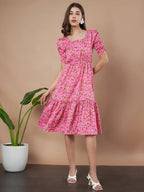 Pink Exquisite Floral Printed Pleated Fit and Flare Dress - Adjustable Waistline, Knee-Length, 3/4 Sleeves, Square Neck, A-Line