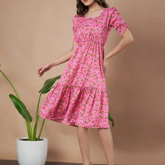 Pink Exquisite Floral Printed Pleated Fit and Flare Dress - Adjustable Waistline, Knee-Length, 3/4 Sleeves, Square Neck, A-Line