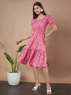 Pink Exquisite Floral Printed Pleated Fit and Flare Dress - Adjustable Waistline, Knee-Length, 3/4 Sleeves, Square Neck, A-Line