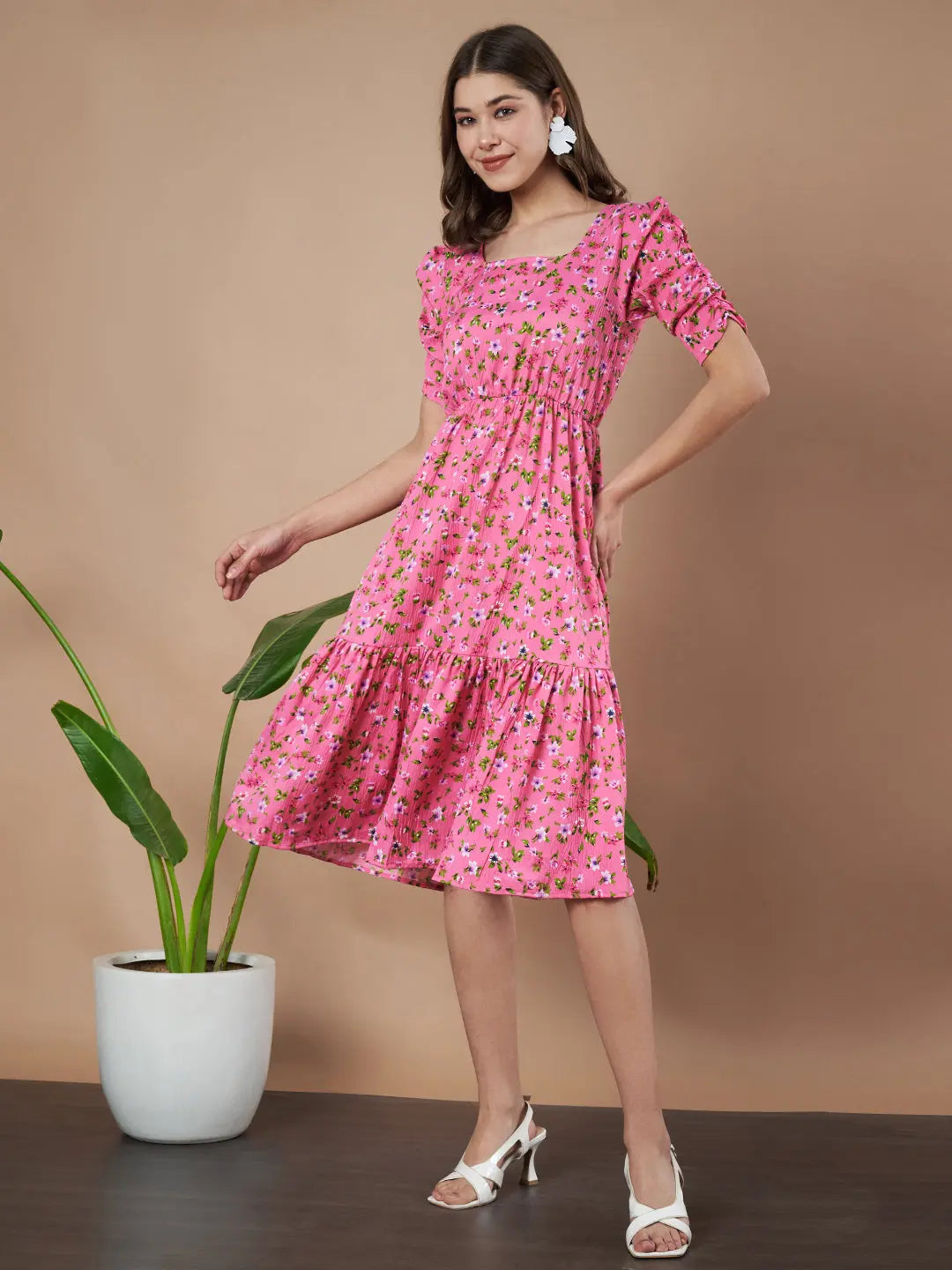 Pink Exquisite Floral Printed Pleated Fit and Flare Dress - Adjustable Waistline, Knee-Length, 3/4 Sleeves, Square Neck, A-Line