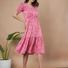 Pink Exquisite Floral Printed Pleated Fit and Flare Dress - Adjustable Waistline, Knee-Length, 3/4 Sleeves, Square Neck, A-Line