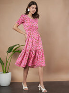 Pink Exquisite Floral Printed Pleated Fit and Flare Dress - Adjustable Waistline, Knee-Length, 3/4 Sleeves, Square Neck, A-Line