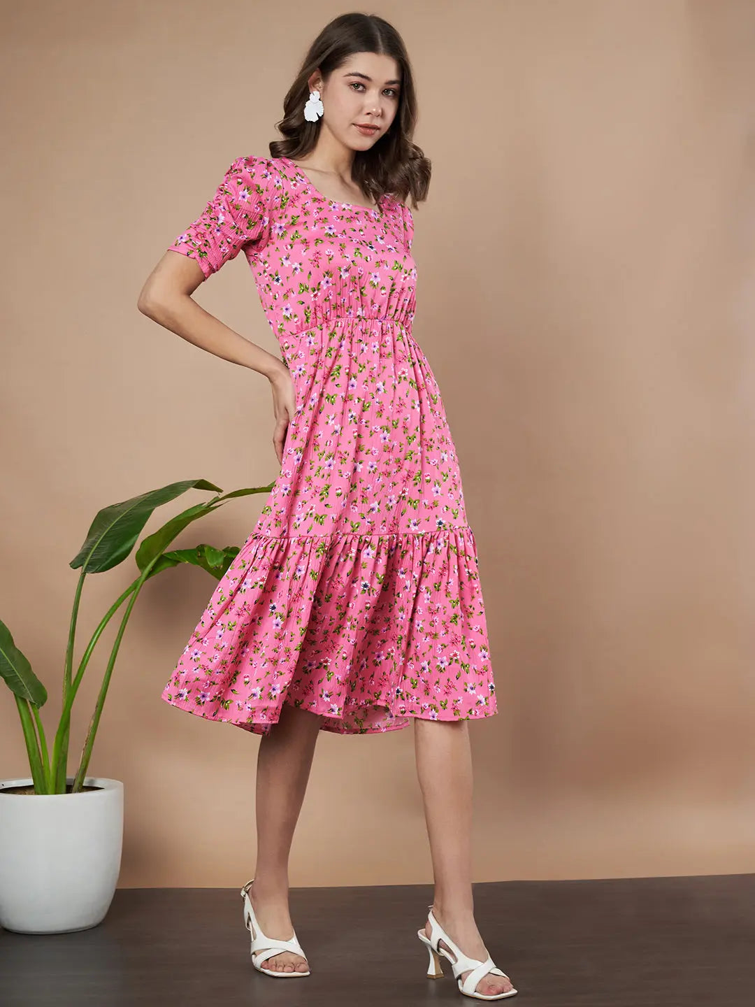 Pink Exquisite Floral Printed Pleated Fit and Flare Dress - Adjustable Waistline, Knee-Length, 3/4 Sleeves, Square Neck, A-Line