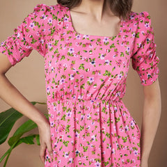 Pink Exquisite Floral Printed Pleated Fit and Flare Dress - Adjustable Waistline, Knee-Length, 3/4 Sleeves, Square Neck, A-Line
