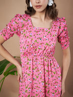 Pink Exquisite Floral Printed Pleated Fit and Flare Dress - Adjustable Waistline, Knee-Length, 3/4 Sleeves, Square Neck, A-Line