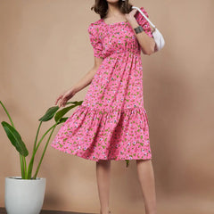 Pink Exquisite Floral Printed Pleated Fit and Flare Dress - Adjustable Waistline, Knee-Length, 3/4 Sleeves, Square Neck, A-Line