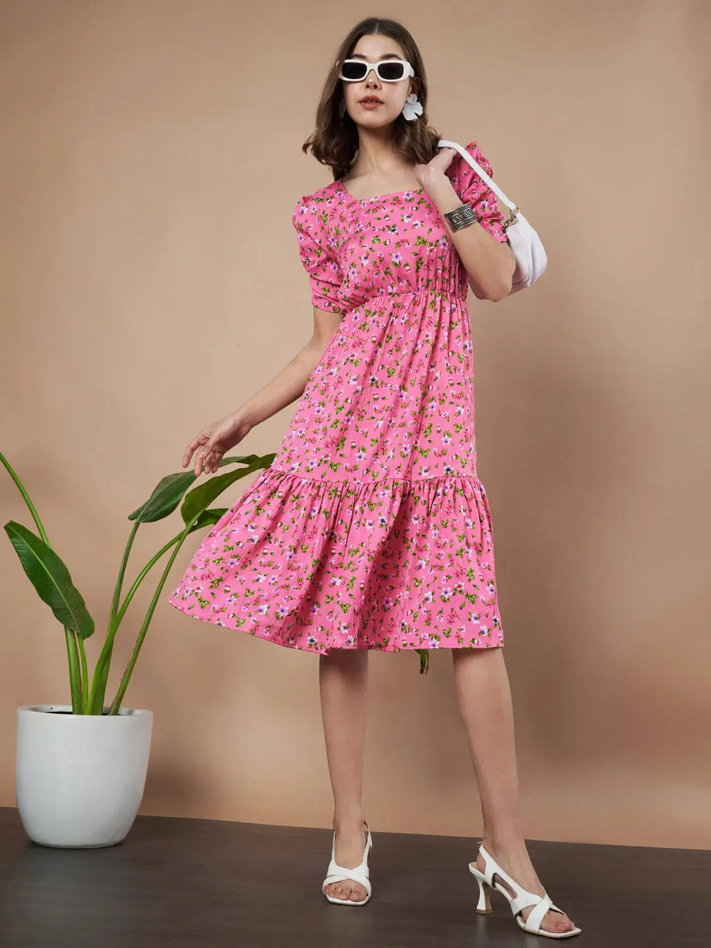 Pink Exquisite Floral Printed Pleated Fit and Flare Dress - Adjustable Waistline, Knee-Length, 3/4 Sleeves, Square Neck, A-Line