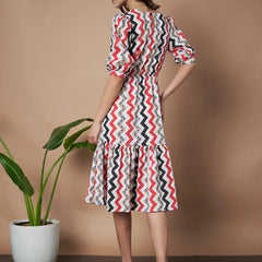Red Zigzag Stripes Puff Sleeve Printed Fit & Flare Midi Dress with Round Neck, Short Sleeves, Gathered Details, and Flared Hemline