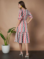 Red Zigzag Stripes Puff Sleeve Printed Fit & Flare Midi Dress with Round Neck, Short Sleeves, Gathered Details, and Flared Hemline