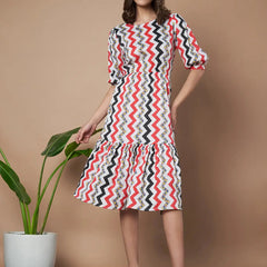 Red Zigzag Stripes Puff Sleeve Printed Fit & Flare Midi Dress with Round Neck, Short Sleeves, Gathered Details, and Flared Hemline