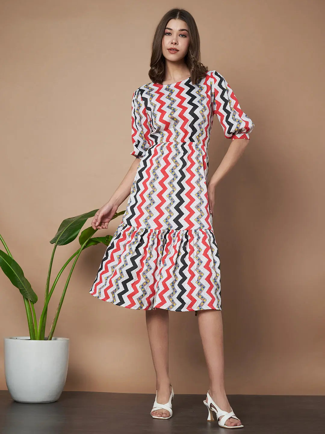 Red Zigzag Stripes Puff Sleeve Printed Fit & Flare Midi Dress with Round Neck, Short Sleeves, Gathered Details, and Flared Hemline