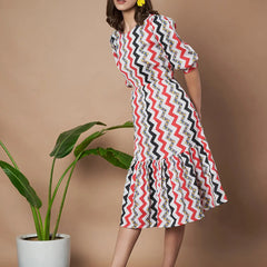 Red Zigzag Stripes Puff Sleeve Printed Fit & Flare Midi Dress with Round Neck, Short Sleeves, Gathered Details, and Flared Hemline