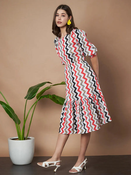 Red Zigzag Stripes Puff Sleeve Printed Fit & Flare Midi Dress with Round Neck, Short Sleeves, Gathered Details, and Flared Hemline