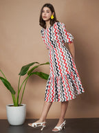 Red Zigzag Stripes Puff Sleeve Printed Fit & Flare Midi Dress with Round Neck, Short Sleeves, Gathered Details, and Flared Hemline
