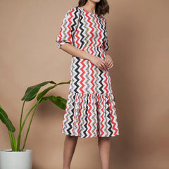 Red Zigzag Stripes Puff Sleeve Printed Fit & Flare Midi Dress with Round Neck, Short Sleeves, Gathered Details, and Flared Hemline