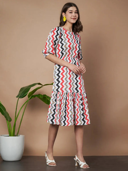 Red Zigzag Stripes Puff Sleeve Printed Fit & Flare Midi Dress with Round Neck, Short Sleeves, Gathered Details, and Flared Hemline