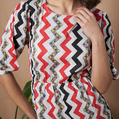 Red Zigzag Stripes Puff Sleeve Printed Fit & Flare Midi Dress with Round Neck, Short Sleeves, Gathered Details, and Flared Hemline