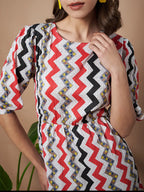 Red Zigzag Stripes Puff Sleeve Printed Fit & Flare Midi Dress with Round Neck, Short Sleeves, Gathered Details, and Flared Hemline