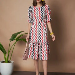 Red Zigzag Stripes Puff Sleeve Printed Fit & Flare Midi Dress with Round Neck, Short Sleeves, Gathered Details, and Flared Hemline