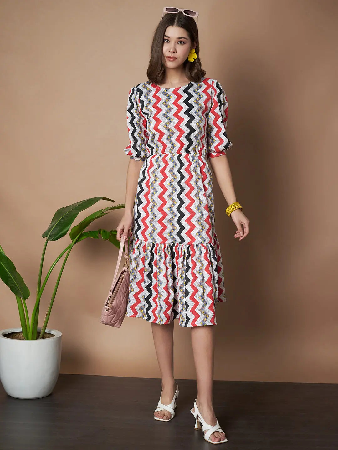 Red Zigzag Stripes Puff Sleeve Printed Fit & Flare Midi Dress with Round Neck, Short Sleeves, Gathered Details, and Flared Hemline
