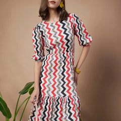 Red Zigzag Stripes Puff Sleeve Printed Fit & Flare Midi Dress with Round Neck, Short Sleeves, Gathered Details, and Flared Hemline