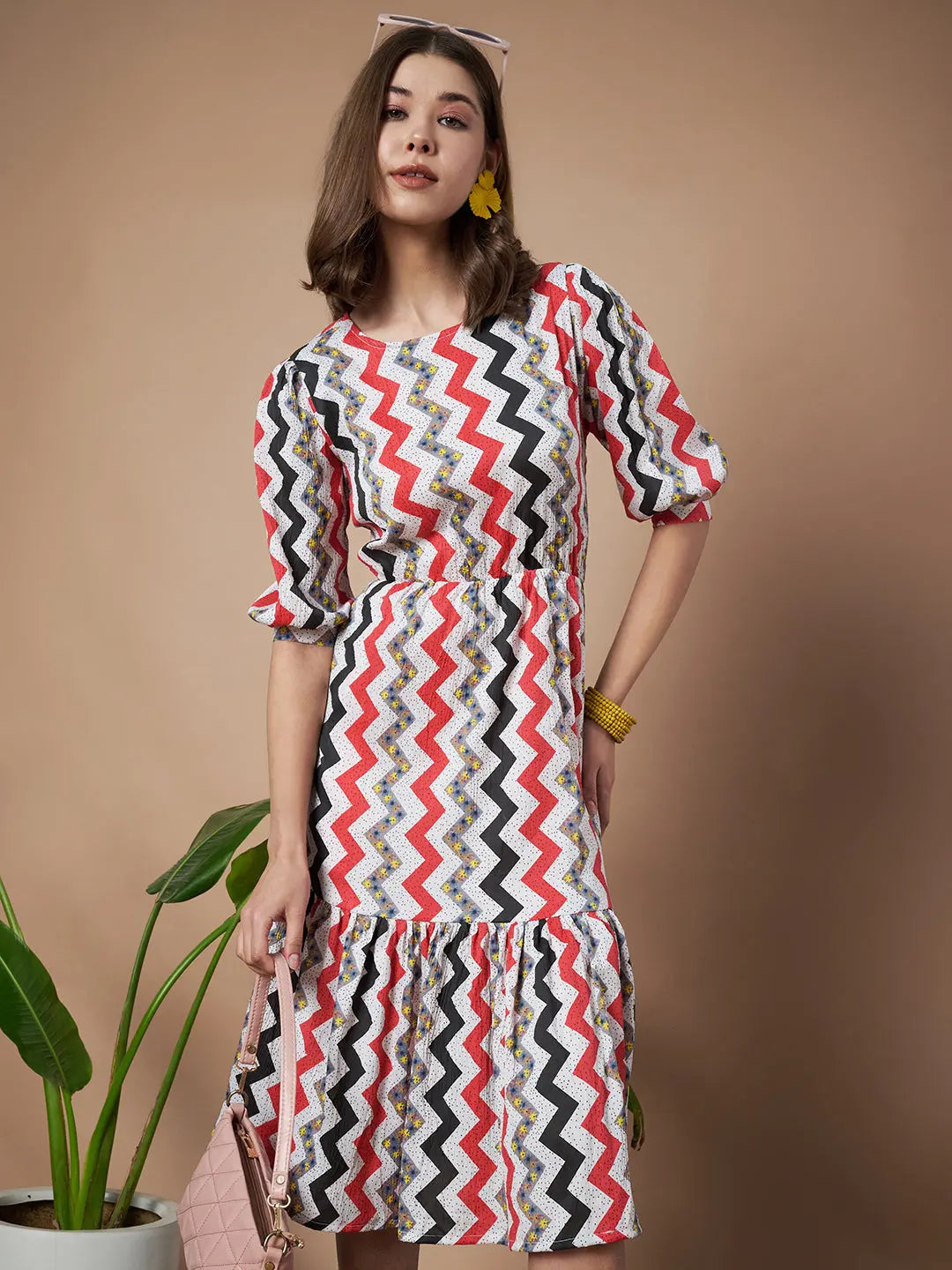 Red Zigzag Stripes Puff Sleeve Printed Fit & Flare Midi Dress with Round Neck, Short Sleeves, Gathered Details, and Flared Hemline