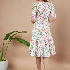 Cream Exquisite Floral Printed Pleated Fit and Flare Dress - Adjustable Waistline, Knee-Length, 3/4 Sleeves, Square Neck, A-Line