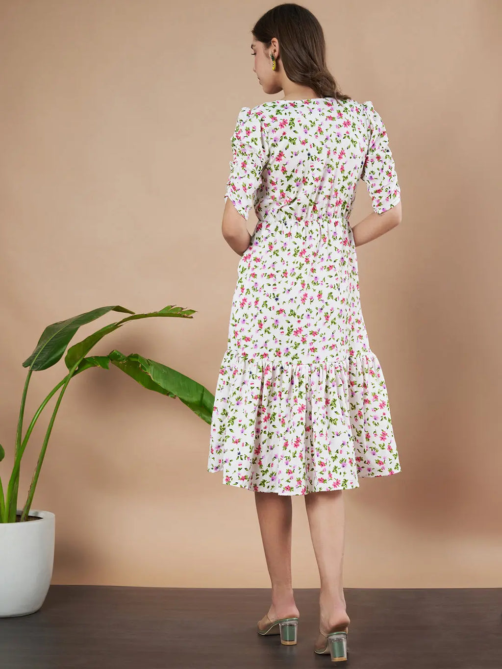 Cream Exquisite Floral Printed Pleated Fit and Flare Dress - Adjustable Waistline, Knee-Length, 3/4 Sleeves, Square Neck, A-Line