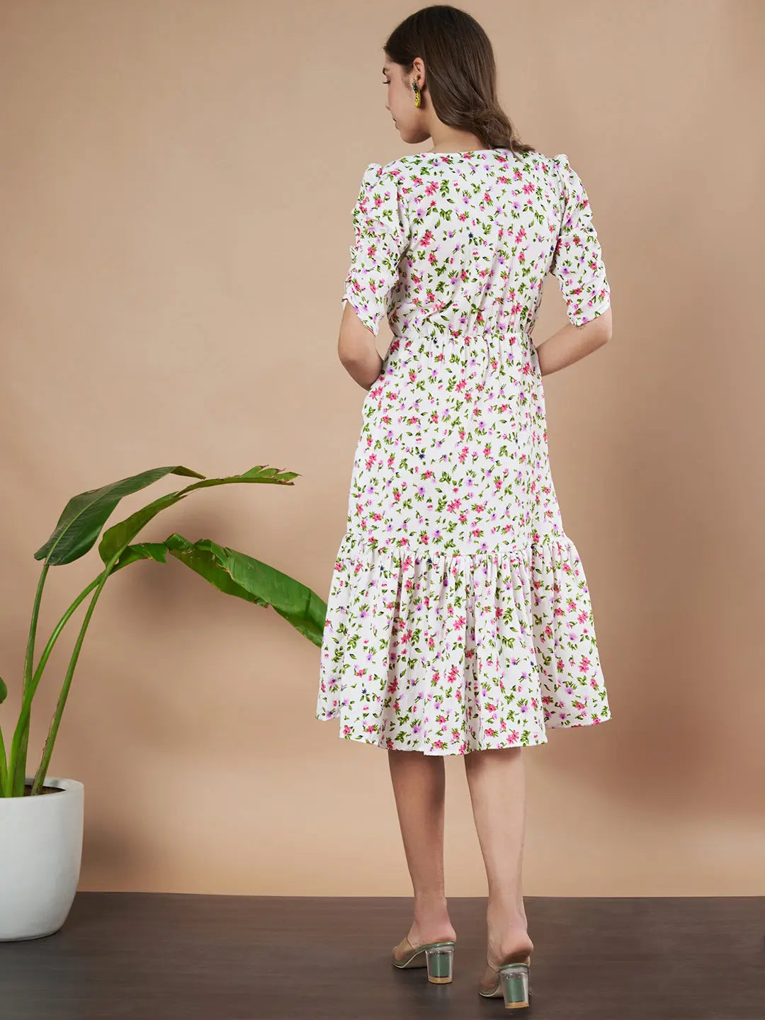 Cream Exquisite Floral Printed Pleated Fit and Flare Dress - Adjustable Waistline, Knee-Length, 3/4 Sleeves, Square Neck, A-Line