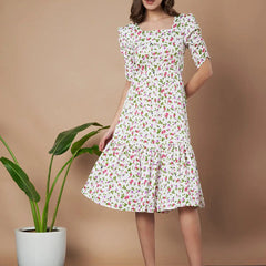 Cream Exquisite Floral Printed Pleated Fit and Flare Dress - Adjustable Waistline, Knee-Length, 3/4 Sleeves, Square Neck, A-Line