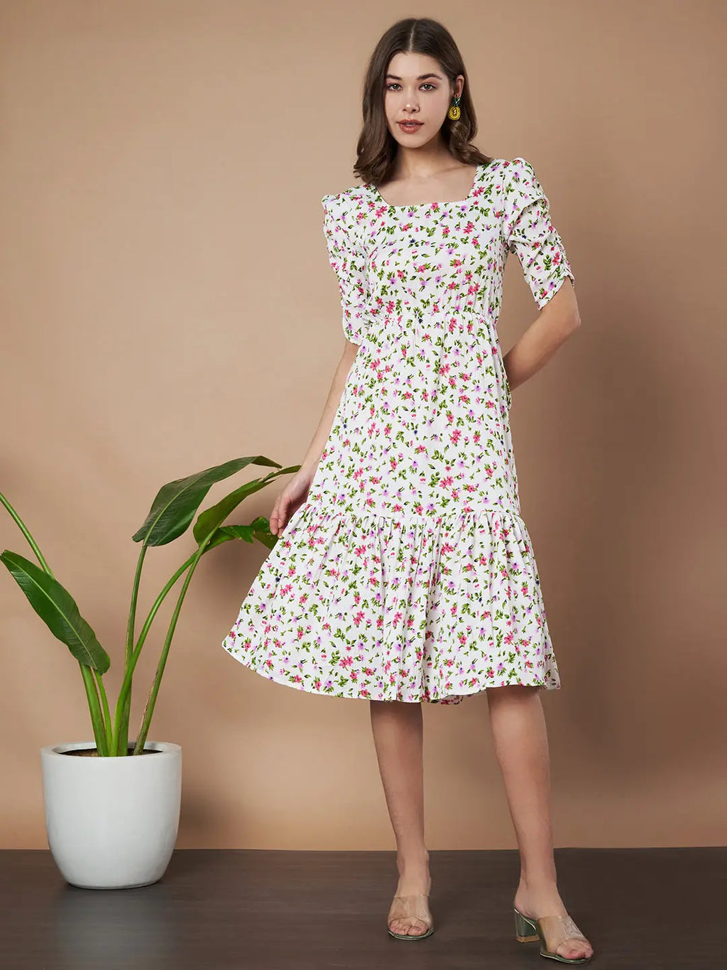 Cream Exquisite Floral Printed Pleated Fit and Flare Dress - Adjustable Waistline, Knee-Length, 3/4 Sleeves, Square Neck, A-Line