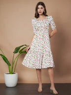 Cream Exquisite Floral Printed Pleated Fit and Flare Dress - Adjustable Waistline, Knee-Length, 3/4 Sleeves, Square Neck, A-Line