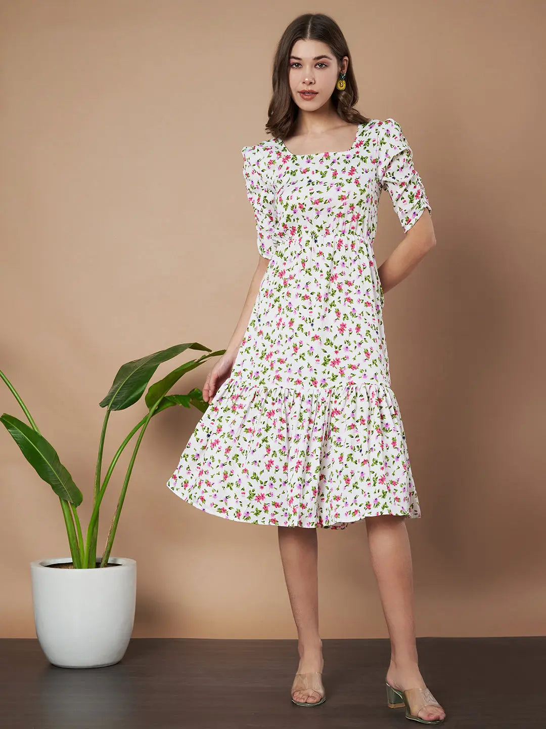 Cream Exquisite Floral Printed Pleated Fit and Flare Dress - Adjustable Waistline, Knee-Length, 3/4 Sleeves, Square Neck, A-Line