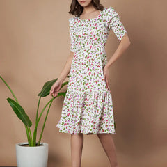 Cream Exquisite Floral Printed Pleated Fit and Flare Dress - Adjustable Waistline, Knee-Length, 3/4 Sleeves, Square Neck, A-Line