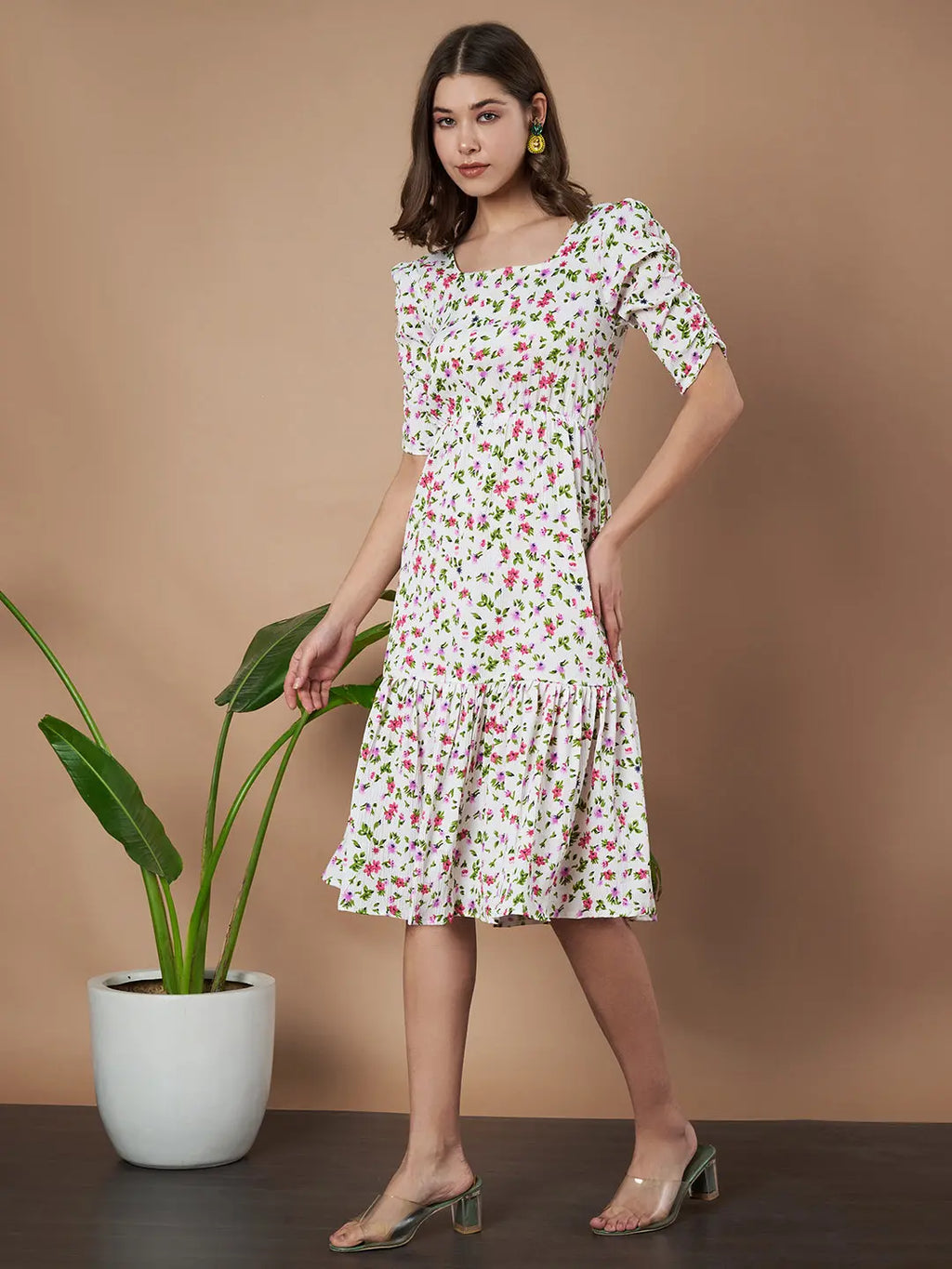 Cream Exquisite Floral Printed Pleated Fit and Flare Dress - Adjustable Waistline, Knee-Length, 3/4 Sleeves, Square Neck, A-Line