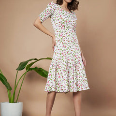 Cream Exquisite Floral Printed Pleated Fit and Flare Dress - Adjustable Waistline, Knee-Length, 3/4 Sleeves, Square Neck, A-Line